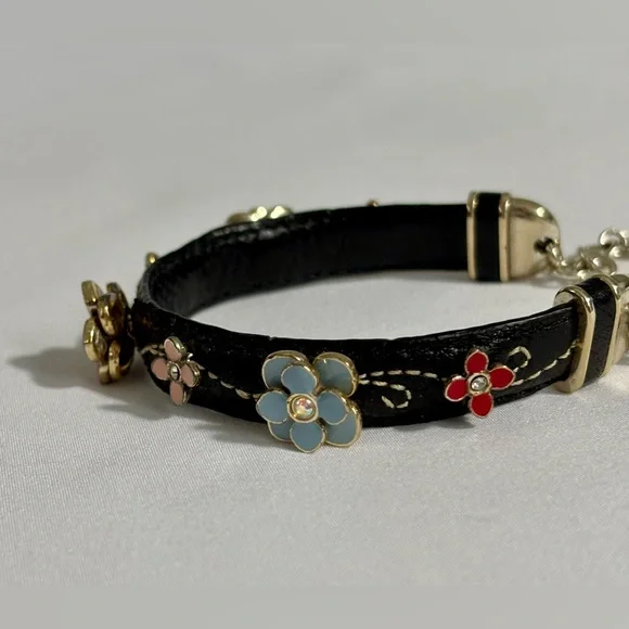 Vintage Brighton black leather and enamel flowers bracelet- lovely - Picture 4 of 7